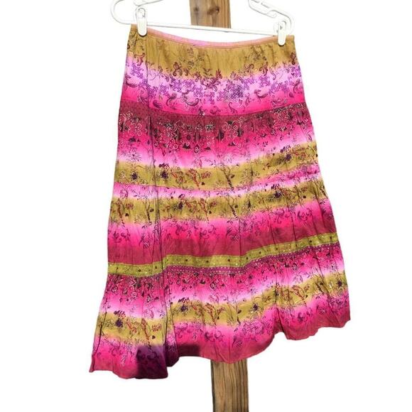 Tiered Midi Skirt womens M beaded rainbow Gypsy Pink Full y2k beachy Boho ombre - Picture 1 of 11